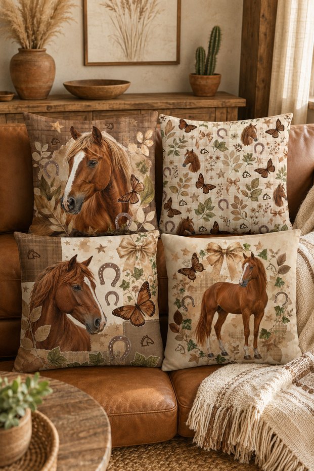 Vintage Horse and Butterfly Patterned Western Boho Digital Printed Decorative Throw Pillow Cover – (Double Sided)