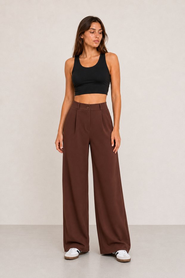 Women's Brown High Waist Pleated, Flowy, Woven Fabric, Wide Leg Palazzo Pants