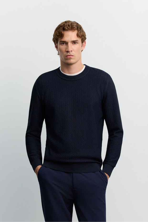 Men's Navy Blue Crew Neck Full Jacquard Long Sleeve Sweater A62Y5002