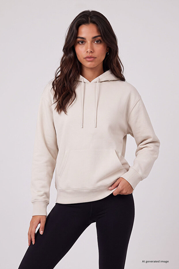 Ecru Standard Hooded Basic Women's Sweatshirt with Kangaroo Pocket - 97321