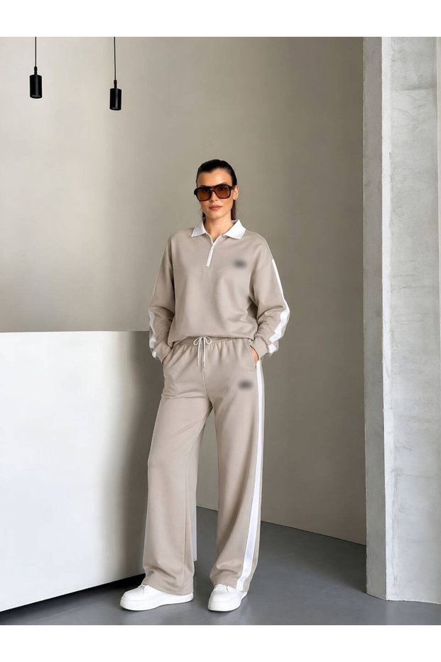 Beige Color New Season Women's Matching Collar Striped Zippered Modal Fabric Tracksuit Set