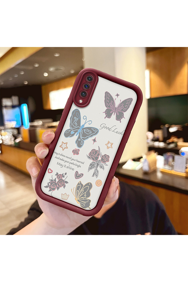 Samsung Galaxy A50S Compatible Case Camera Protector Heart Pattern Burgundy Dear Couple Silicone Phone Case