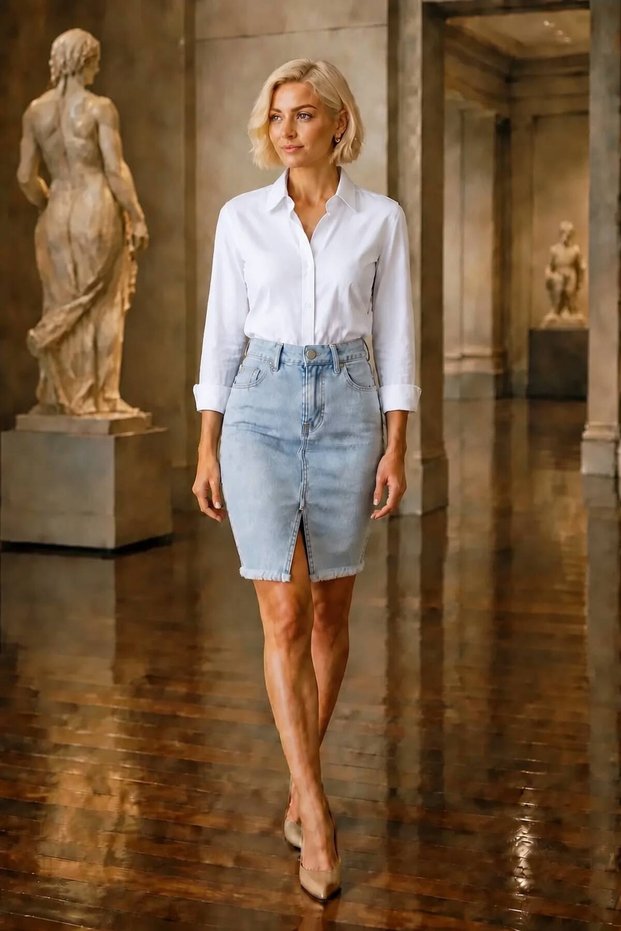 Yzk Women's Ice Blue Tassel Detailed Knee-Length Front Slit Denim Skirt New Season