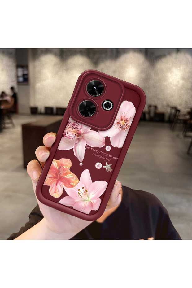 Xiaomi Poco M6 4g Compatible Case Camera Protective Flower Case Maroon Lover Couple Silicone Phone Case