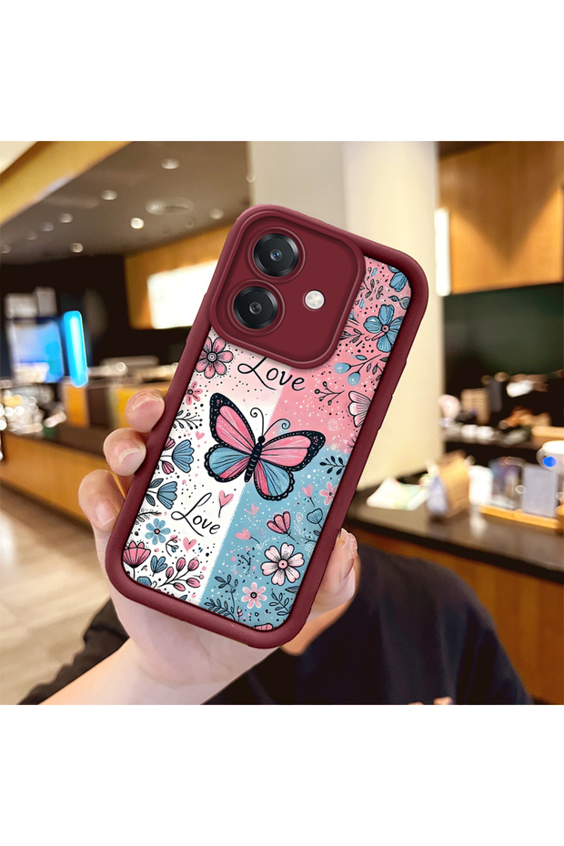 حافظة هاتف OPPO A3x 5G متوافقة مع الكاميرا ونمط الخياطة باللون الأحمر الداكن للزوجين من السيليكون