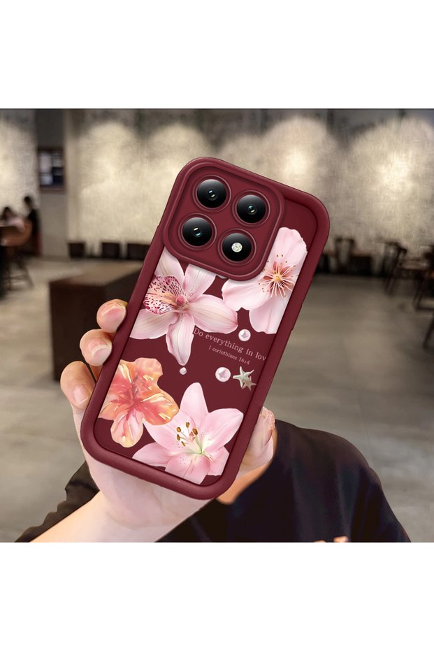 Mi 14t Compatible Case Camera Protector Floral Case Burgundy Lover Couple Silicone Phone Case