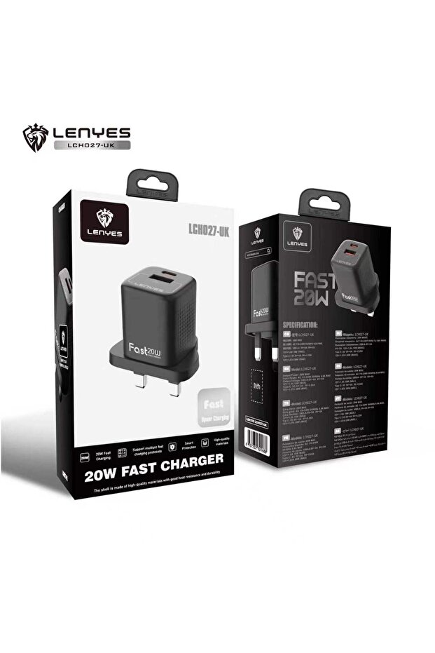 شاحن سريع بقوة 20 واط | شاحن حائط بمنفذين USB-C و USB-A | محول قابس كهربائي مدمج للمملكة المتحدة