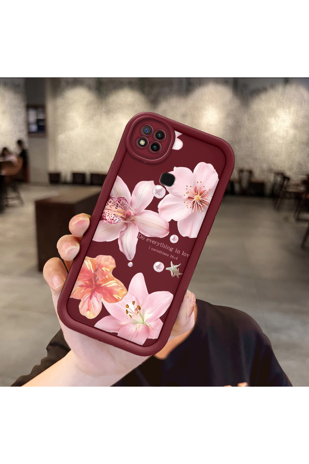 Xiaomi Redmi 10A Compatible Case Camera Protective Flower Case Maroon Lover Couple Silicone Phone Case