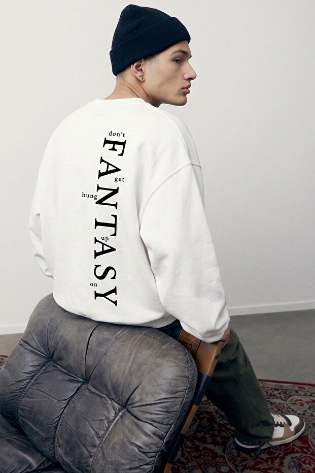 Men's Oversize Sweatshirt Fantasy Back Printed White – Crew Neck, 3 Thread Raster Fleece