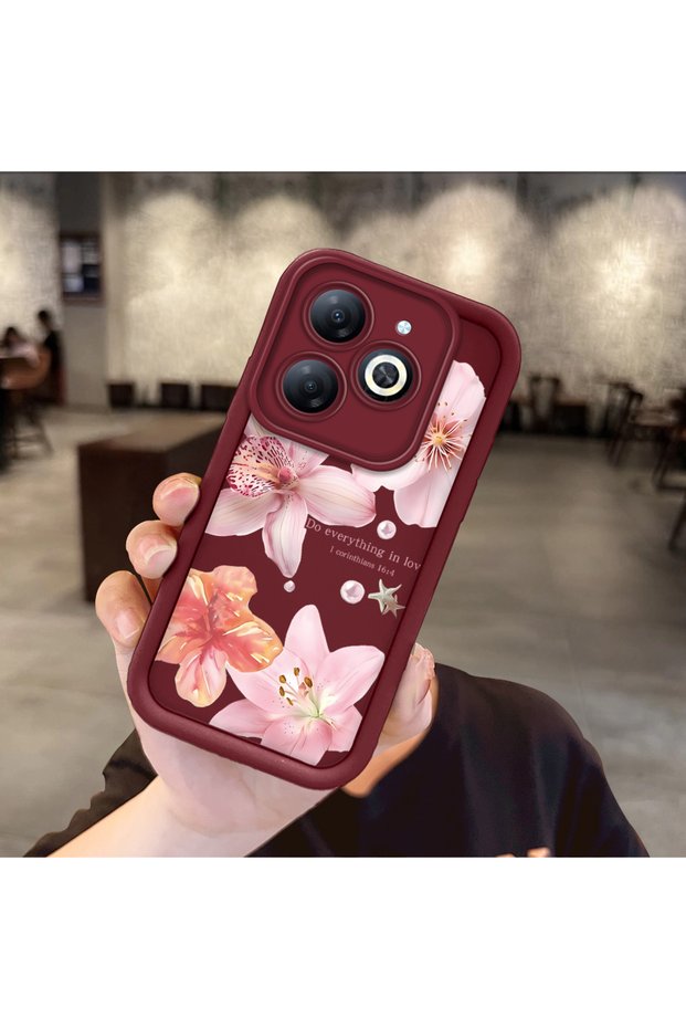 Tecno Spark 20/20C Compatible Case Camera Protector Flower Case Maroon Lover Couple Silicone Phone Case