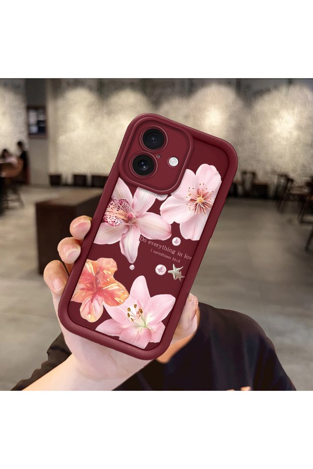 iPhone 17 Compatible Case Camera Protective Flower Case Burgundy Lover Couple Silicone Phone Case