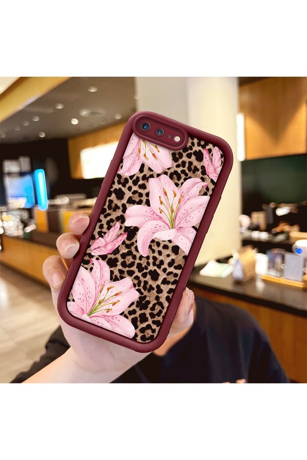iPhone 8 Plus Compatible Case Camera Protector Flower Case Maroon Lover Couple Silicone Phone Case