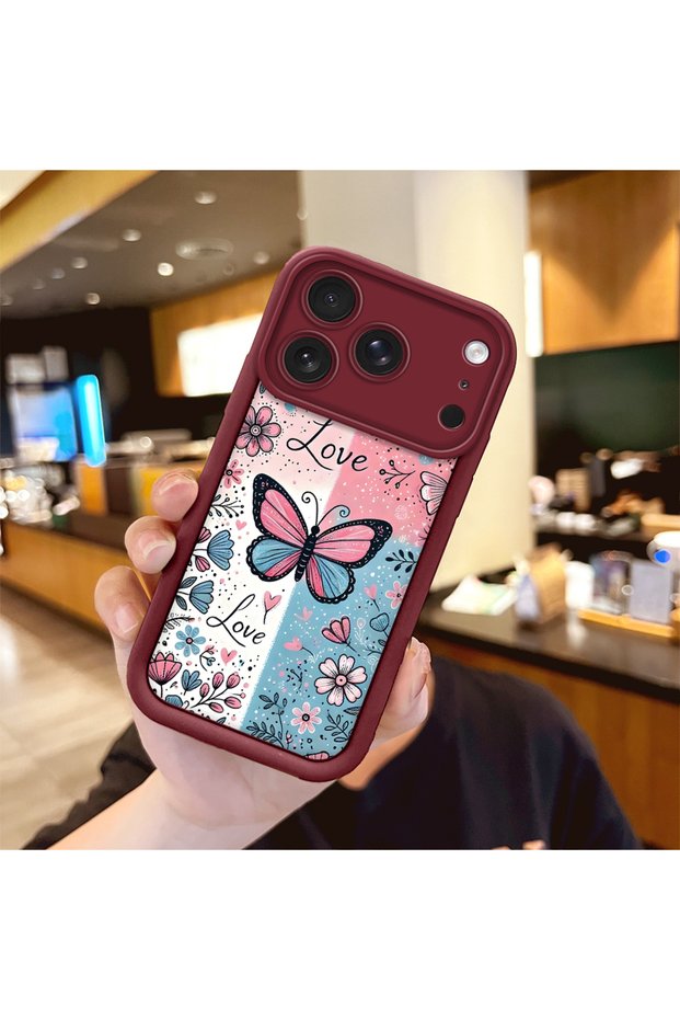 iPhone 17 Pro Compatible Case Camera Protector Stitch Pattern Claret Red Beloved Couple Silicone Phone Case