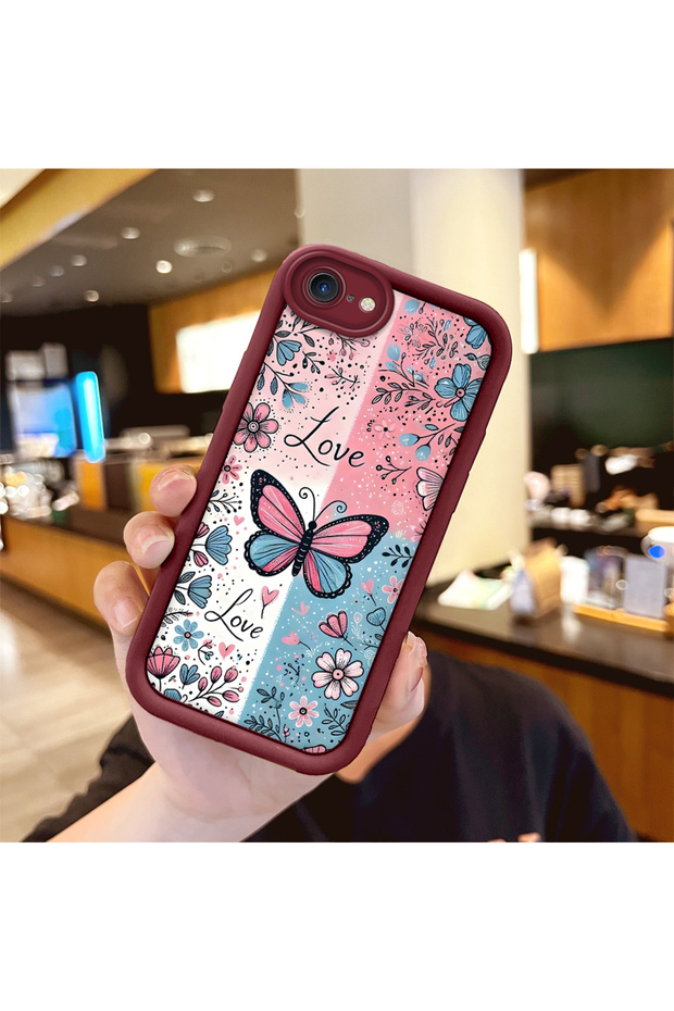 iPhone 7/8/Se 2020 2022 Compatible Case Camera Protector Stitch Pattern Claret Red Loving Couple Silicone Phone Case