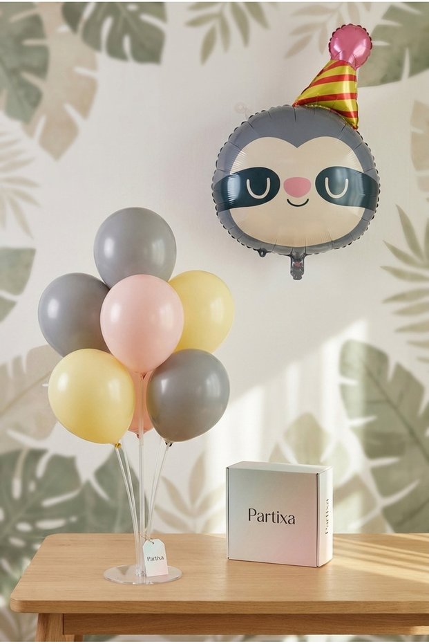 Safari Sloth Head Balloon Stand Set with Hat | Transparent 7-Piece Stand + Sloth Foil Balloon + 7 Latex Balloons