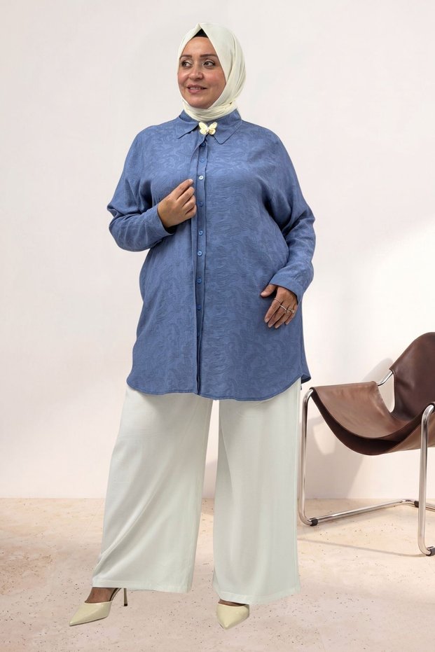 68083 Plus Size Jacquard Strawberry Tunic with Butterfly Brooch Detail - Indigo