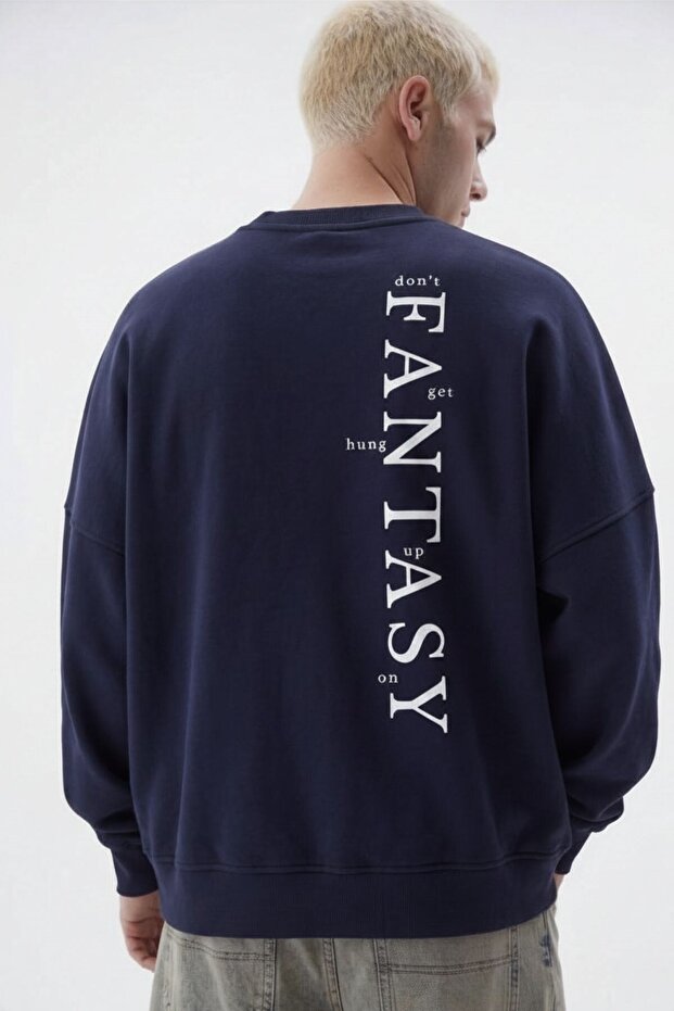 Men's Oversize Sweatshirt Fantasy Back Printed Navy Blue – Crew Neck, 3 Thread Raster Fleece