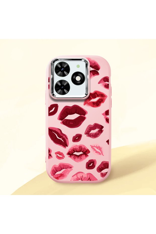 Tecno Spark 20C Compatible Case Camera Protector Pink Kiss Patterned Silicone Lover Couple Phone Case