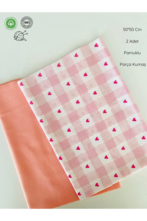 2 Pieces, Width 50 Cm, Pink Heart Pattern, Plain Salmon Color Bag, Wallet, Hobby Work Cotton Piece Fabric