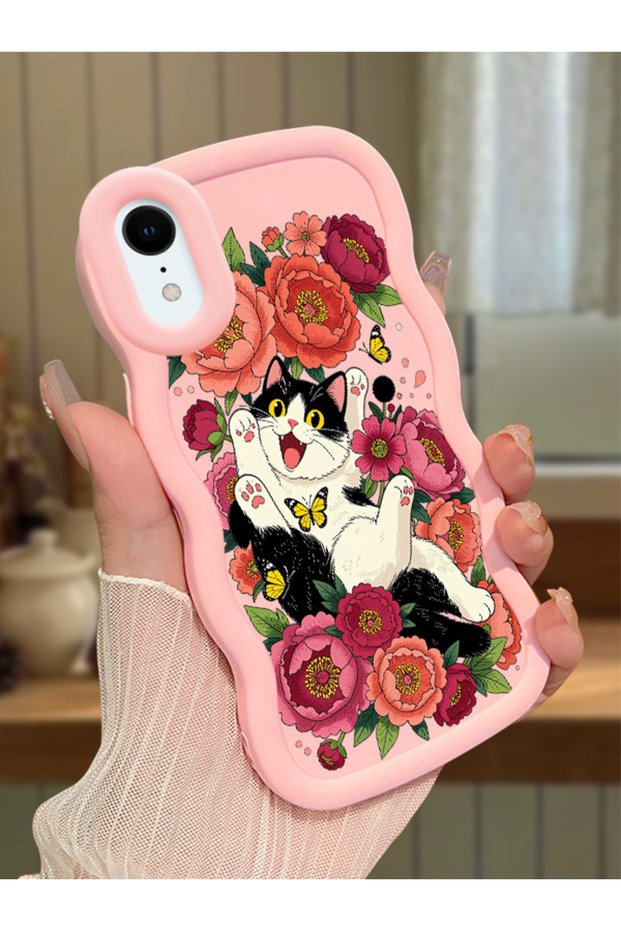 iPhone Xr Compatible Case Camera Protector Pink Silicone Lover Couple Phone Case Cover with Cat