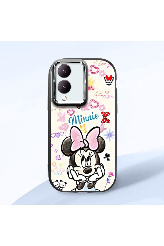 Vivo Y28 Compatible Case Camera Protector Black Minnie Patterned Silicone Lover Couple Phone Case