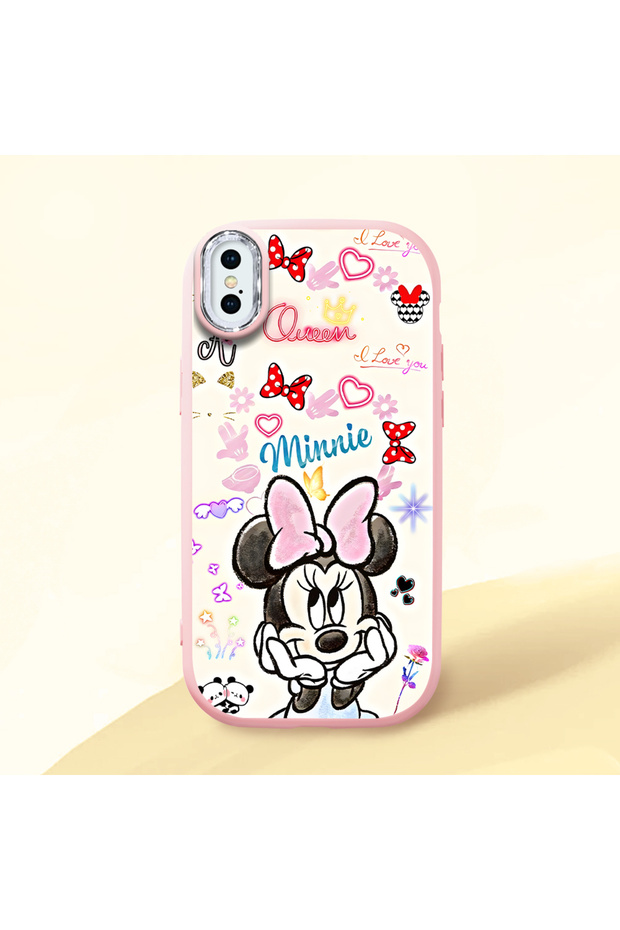 iPhone XS Max Compatible Case Camera Protector Pink Minnie Patterned Silicone Lover Couple Phone Case