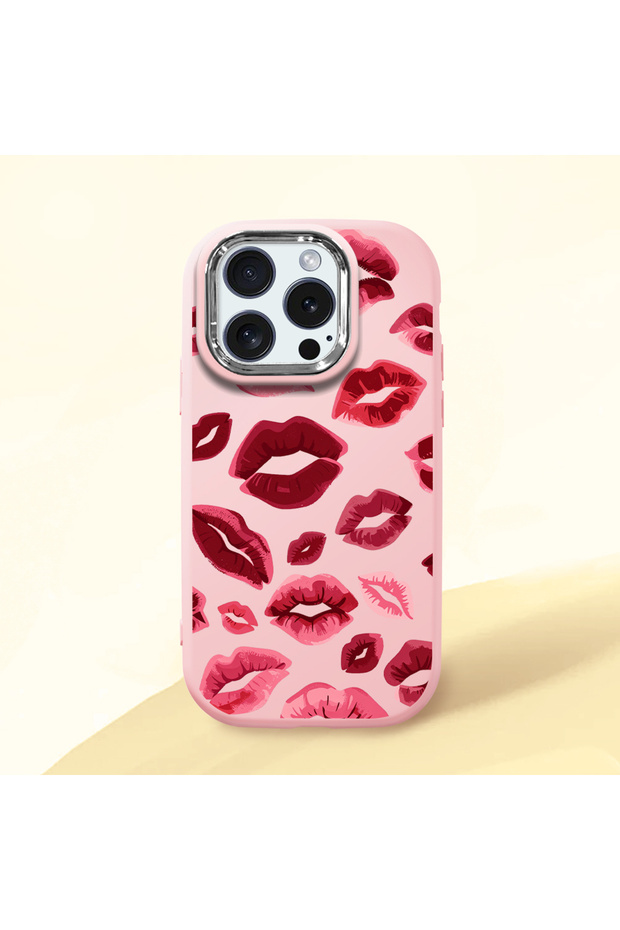 iPhone 15 Pro Compatible Case Camera Protector Pink Kiss Pattern Silicone Lover Couple Phone Case