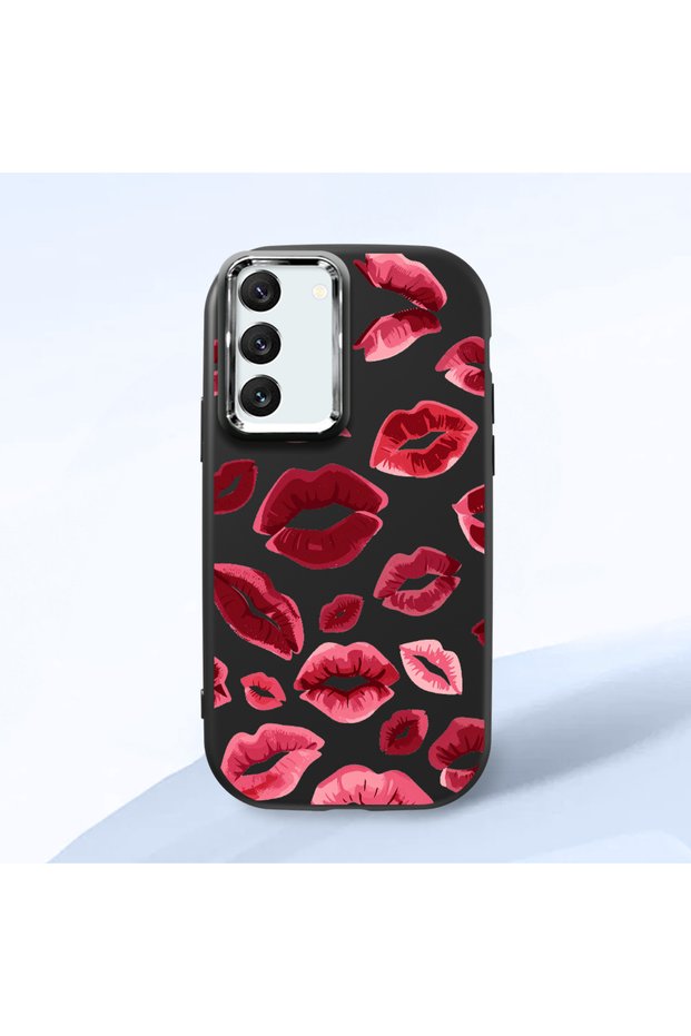 Samsung Galaxy S22 Compatible Case Camera Protector Black Kiss Patterned Silicone Lover Couple Phone Case