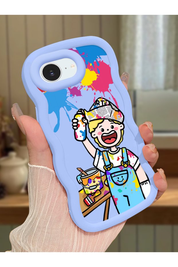 iPhone 16E Compatible Case Camera Protector Blue Silicone Couple Phone Case Cartoon Pattern