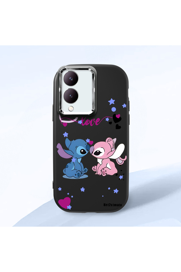 Vivo Y28 Compatible Case Camera Protector Black Stitch Patterned Silicone Lover Couple Phone Case