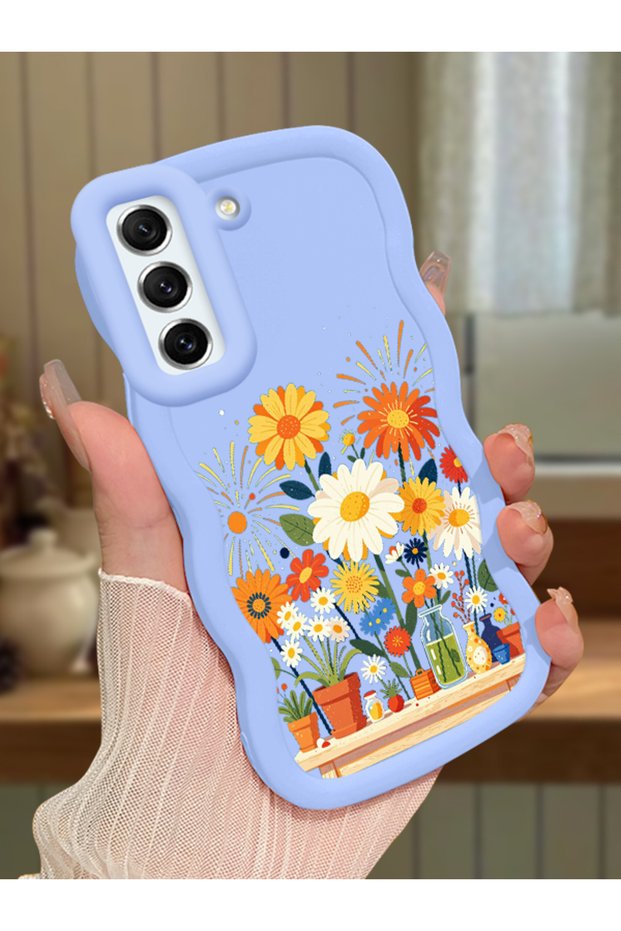 Samsung Galaxy S21 Fe Compatible Case Camera Protector Blue Silicone Couple Phone Case Floral Case