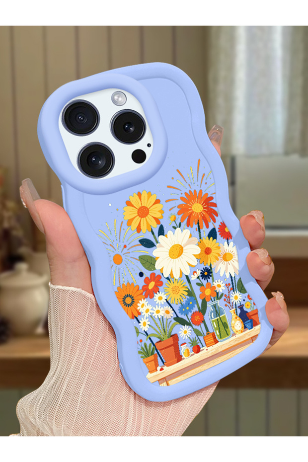 iPhone 15 Pro Max Compatible Case Camera Protector Blue Silicone Lover Couple Phone Case Floral Case