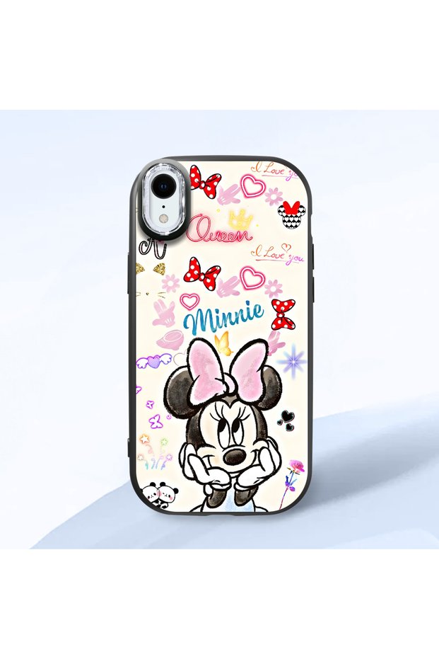 iPhone Xr Compatible Case Camera Protector Black Minnie Patterned Silicone Lover Couple Phone Case