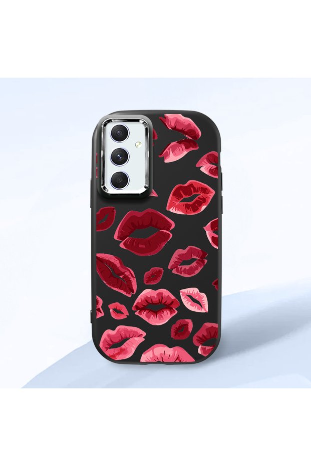 Samsung Galaxy A54 Compatible Case Camera Protective Black Kiss Patterned Silicone Lover Couple Phone Case