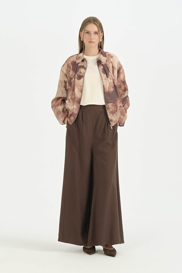 Asymmetrical Closure Wide Leg Modal Trousers - Brown