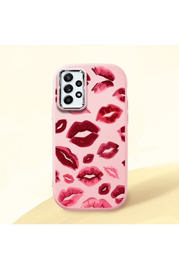 Samsung Galaxy A52 Compatible Case Camera Protective Pink Kiss Patterned Silicone Lover Couple Phone Case