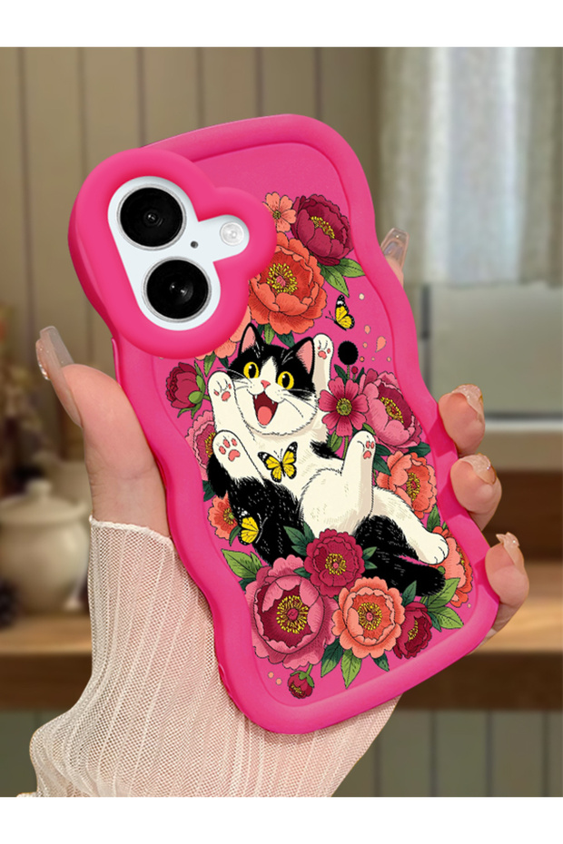 iPhone 16 Plus Compatible Case Camera Protector Red Silicone Couple Phone Case with Cat Case