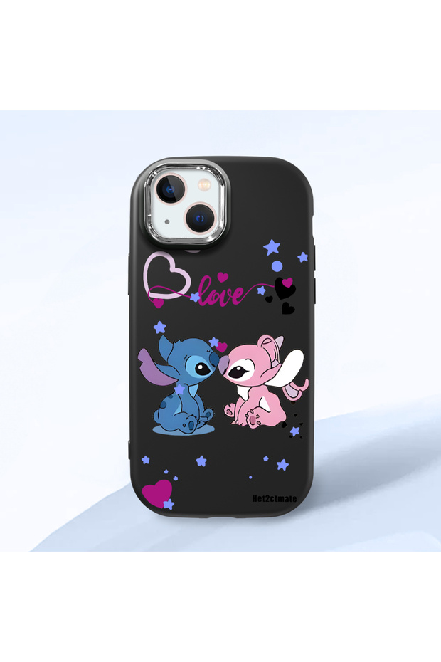 iPhone 14 Compatible Case Camera Protector Black Stitch Pattern Silicone Lover Couple Phone Case