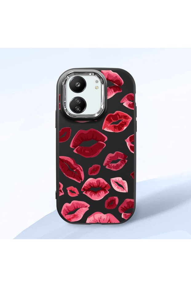 Redmi 13C Compatible Case Camera Protector Black Kiss Patterned Silicone Lover Couple Phone Case