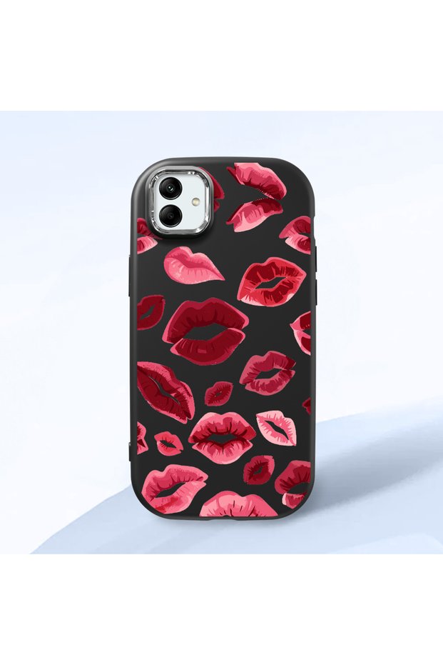 Samsung Galaxy A04 Compatible Case Camera Protective Black Kiss Patterned Silicone Lover Couple Phone Case