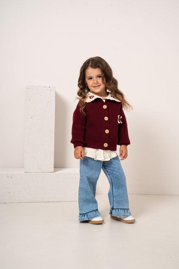 Baby Girl & Child 3-Piece Set with Embroidered Collar Shirt and Knit Cardigan and Pants