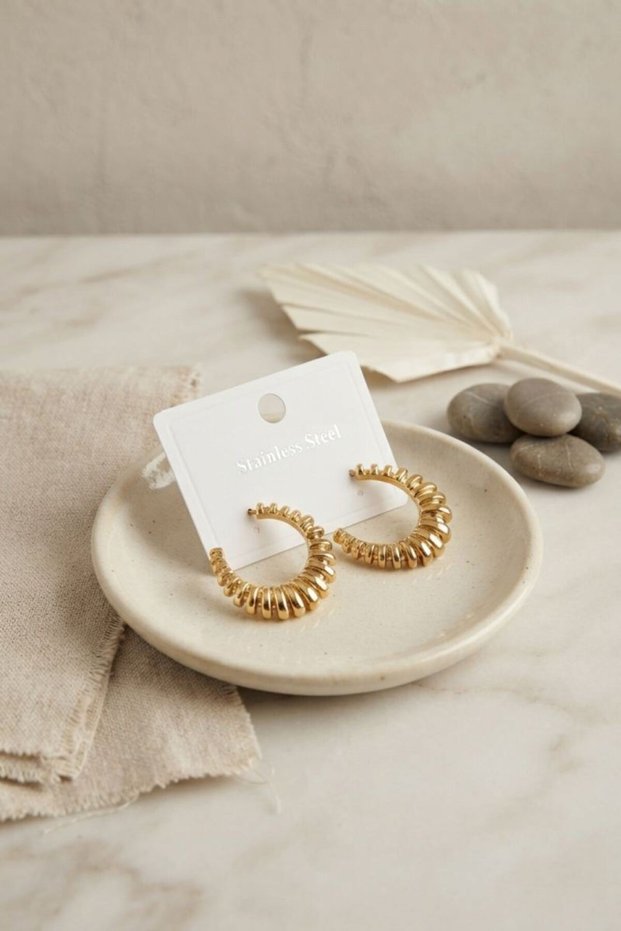 316L Steel Gold Color Serrated Hoop Model Earrings Tj-Bkp12019