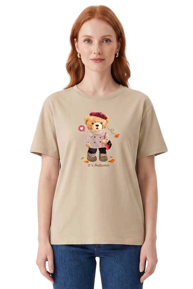 Women's Stone Autumn Teddy Bear Printed T-Shirt 100% Cotton Comfortable Fit