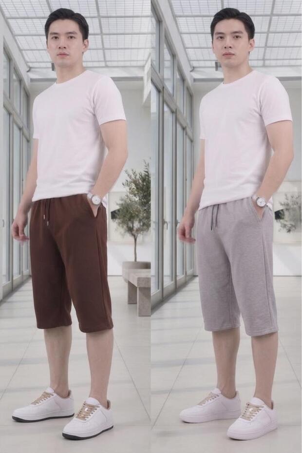 Men's Brown-Grey Long Below-Knee Capri Shorts 2-Pack