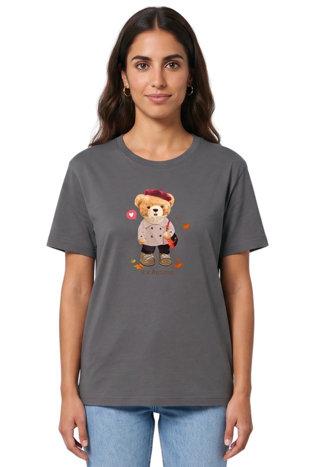 Women's Dark Smoked Autumn Teddy Bear Printed T-Shirt 100% Cotton Comfortable Fit