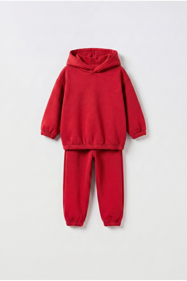 Basic Şardonlu Hooded Set 2-7 Years Red