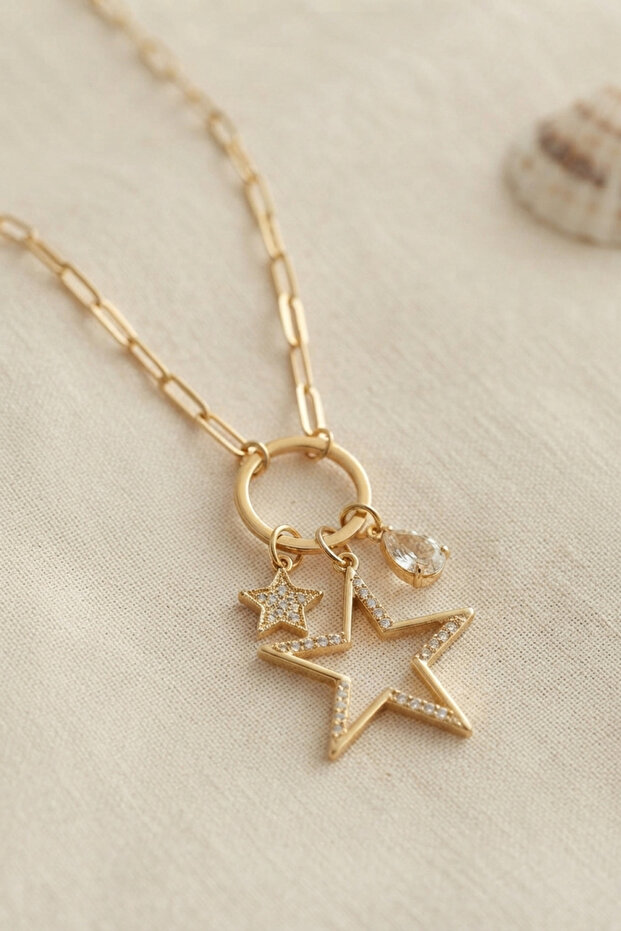 Gold Color Paperclip Chain Star Model Zircon Stone Women's Necklace