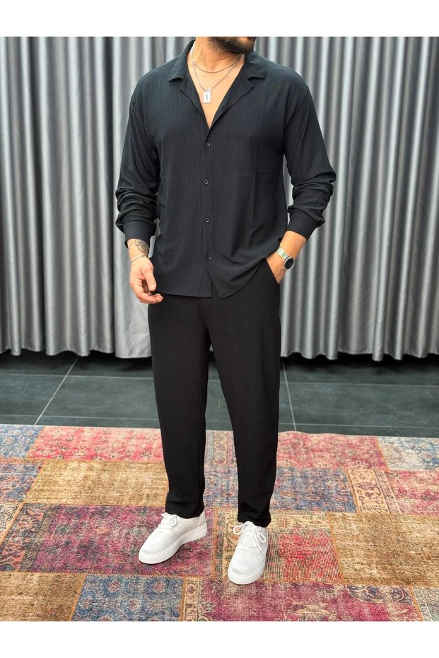 Men's Black Wrinkled Suit - Fabric Shirt, Pants, Top and Bottom Set