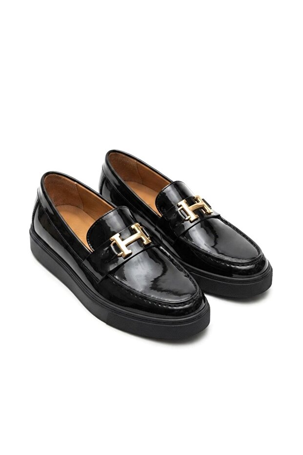 Zrk-X027 Premium Black Patent Leather H Buckle Laceless Men's Loafer