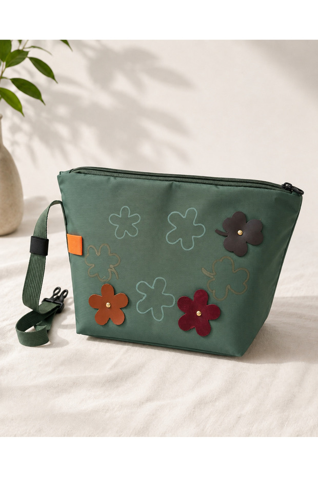 Green Insulated Lunch Bag with Floral Leather Details – Reusable Zipper Lunch Tote with Adjustable Strap